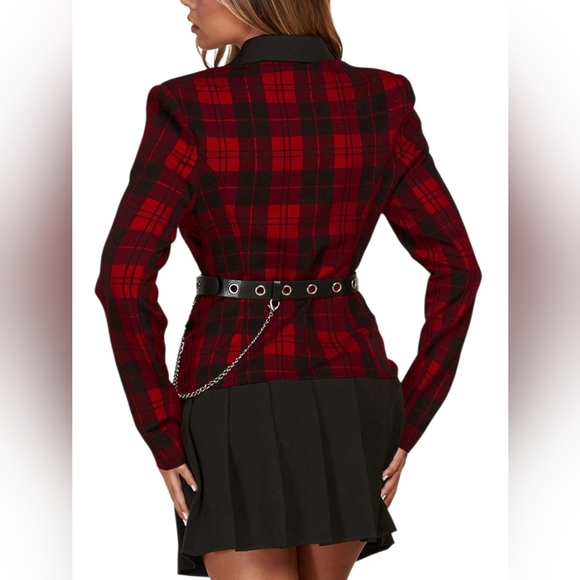 Women's Long Sleeve Button Up Plaid Belted Mini Dress - Picture 3 of 7